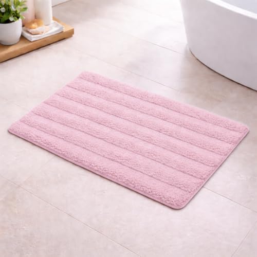 Image of Premium Combed Cotton Tufted Bathmat 45 x 65 cm, 1800 GSM Soft Absorbent Anti Skid Bathroom Floor Mat with Latex Backing, Quick Dry Non Slip Bath Rug for Shower & Daily Use, Stripes Rose