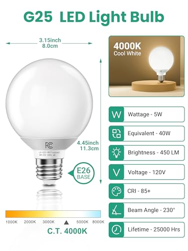 Image of TJOY G25 LED Globe Light Bulbs, Vanity Bulb for Bathroom 40W Equivalent | 4000K Natural White E26 Base, Round Decorative Bulb for Vanity Makeup Mirror, CRI85+, 450LM, Non-Dimmable, UL, 4 Pack