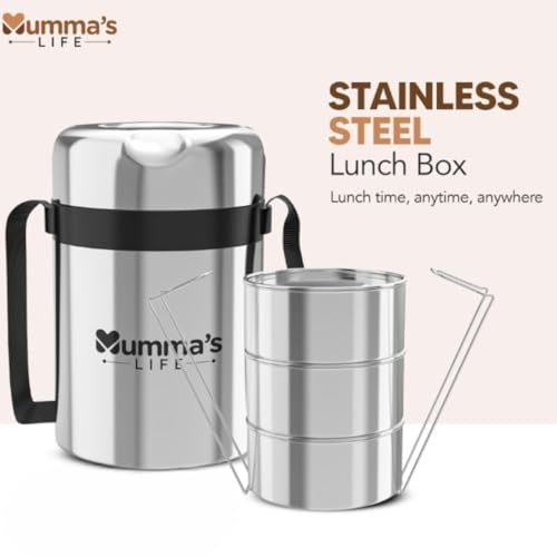 Image of Mumma's LIFE Stainless Steel Lunch Box with 3 Leakproof Air-Tight Stainless Steel Round Containers and Cover Bag | Stainless Steel & Spill Proof Lunch Box (Steelo 440mlX3)