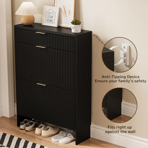 Image of Fluted Shoe Cabinet Storage with 2 Flip Drawers & 1 Drawers, Wood Narrow Hidden Shoe Cabinet for Entryway, Freestanding Slim Shoe Rack Organizer for Foyer Hallway Living Room(Black)