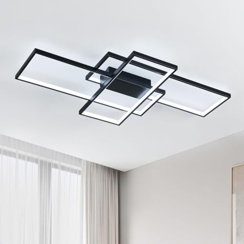 Pheashine LED Ceiling Lights, 65W Modern Flush Mount Ceiling Light Fixture,Cool White 6500K 3-Layer Black Square Chandeliers Ceiling Lamp for Living Room,Dining Room,Bedroom, Hall
