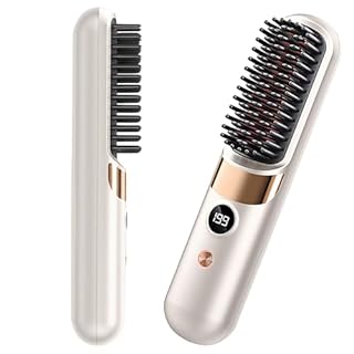 HRYYDS Go Brush Pro UK Cordless Hair Straightener Brush - Portable Rechargeable Ceramic Styling Brush with 4 Adjustable Heat Modes & LED Display, Perfect for Travel & Everyday Use (Cream White)