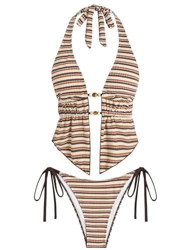 Image of ZAFUL Halter Swimsuits for Women Textured Backless 2 Piece Bathing Suits Cheeky High Cut String Tie Side Bikini Sets