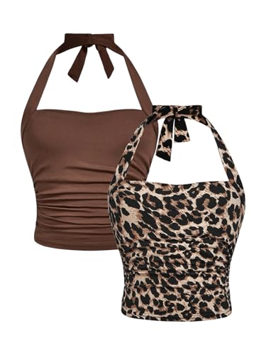 Image of SOLY HUX Girl's 2 Piece Halter Tank Top Leopard Print Ruched Tie Backless Sleeveless Y2k Tops