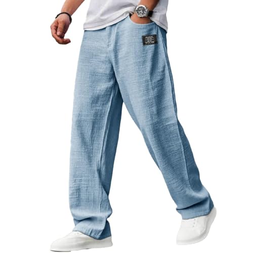 Mokaloha Mens Pants, Pacificozy Men's Casual Hemp Embroidered Logo Comfortable and Breathable Elastic Waist Trousers4