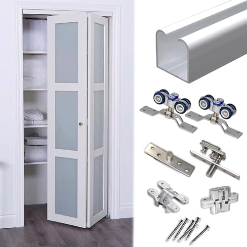 Vibeo Kit Puerta Corredera Oculta Kit de Herrajes para Puertas Plegables de Armario, Riel Puerta Corrediza de Granero de Dos Puertas, Herrajes Puerta de Madera Suave y Silencioso(80cm/31in)