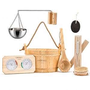 Sauna Accessories Kit 7Pcs – Wooden Sauna Bucket and Ladle Set Handmade for Sauna Steam Room Bathroom