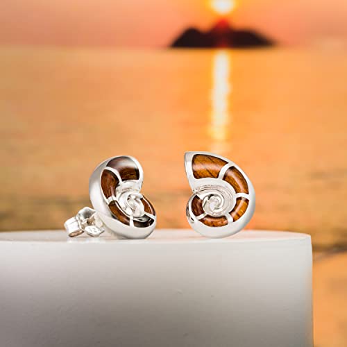 925 Sterling Silver Hawaiian Koa Wood Inlay Nautilus Sea Shell Stud Earrings, Hawaii Ocean Jewelry, Nickle Free Hypoallergenic For Sensitive Skin, With Gift Box #TOP1