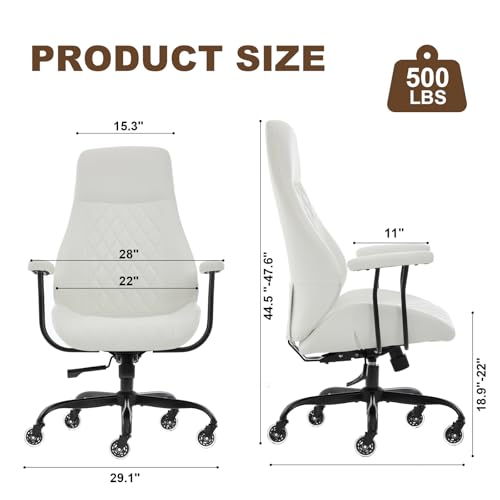 Image of E-Motie Leather Office Chair, Mid Century Modern Desk Chair, White | Ergonomic, Lumbar Support, 360 Swivel & Rolling Wheels, Adjustable Height, for Adults & Women