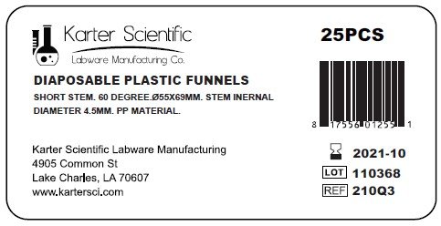 Karter Scientific 210Q3 Natural PP Plastic Funnels, Short Stem, 55mm (Pack of 25)