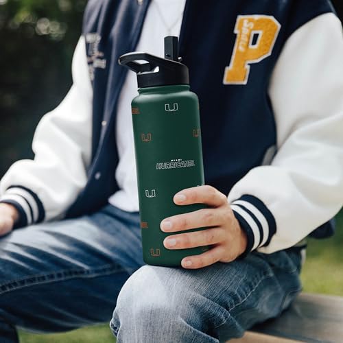 Image of Logo Brands NCAA Miami Hurricanes Step & Repeat 34 oz Stainless Steel Quencher Bottle - All Over Logo Design, No-Spill Lid, Easy Carry Handle - Keeps Drinks Cold For Hours