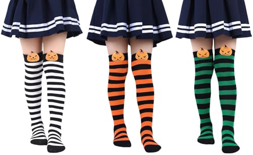Pack of 3 Girls Striped Thigh High Socks with Cute Bee Little Kids Over Knee Stockings For Halloween 7-12 Years