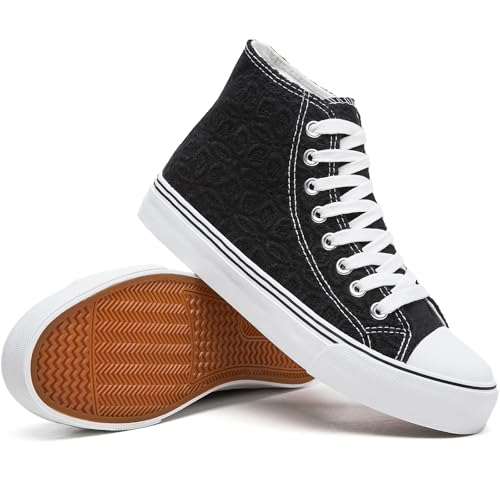 Rominz Women's High Top Canvas Sneakers Fashion Floral Embroidery White & Black Casual Non-Slip Shoes for Women Lightweight Breathable