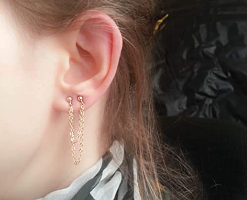 Double Chain Earrings Gold Multiple Studs Set 2 Hole Lobe Piercing #TOP3