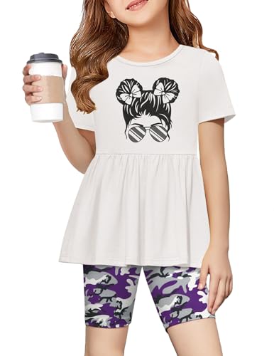 Image of Arshiner Girls Summer Outfits Short Sleeve Ruffle Hem Top and Biker Shorts Set Girl Clothes 4-15 Years