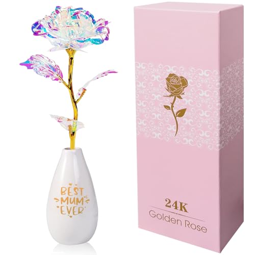 Eyezeeption Mum Birthday Gifts for Mum Colorful Roses with Flowers Vase Mum Gifts from Daughter Son, Best Mommy Gift Eternal Rose Birthday Presents for Mum Woman (Coloured)
