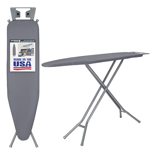 Ironing Board Full Size; Made in USA by Seymour Home Products (Solid Grey). Includes Iron Rest, Cover & Pad | All-Steel Frame, 4 Heavy Duty Legs for Extra Support | Diamond Cut Mesh Top; Steam Flow