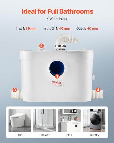 Image of VEVOR 900W Macerator Pump, 48 GPM Flow, 40 ft /12 m Head, Macerator Sewerage Toilet Pump with 4 Water Inlets, Waste Water Disposal Upflush Machine for Toilet, Basement, Shower, Sink, Laundry, Bathtub
