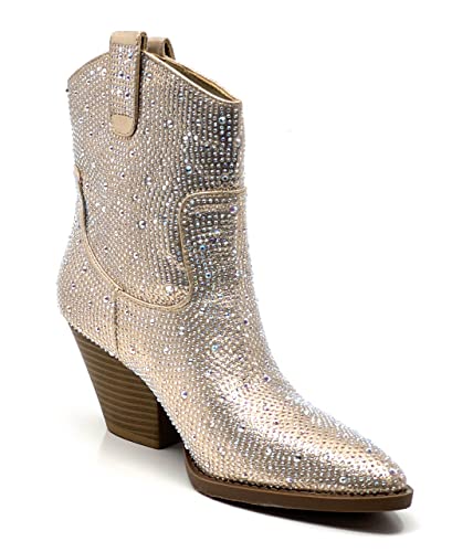 FOREVER Women Rhinestone Block Chunky Heel Ankle Bootie River-01 Champagne 10