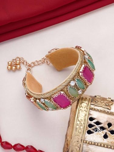 Image of SANJOYA Gold Plated Traditional Embroidered Jewellery for Women & Girls | Stone Studded Wedding, Festive, Mehendi, Sangeet Collection | Necklace, Earrings, Maang Tikka, Bracelet & Ring