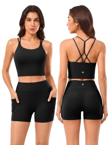 Women 2 Piece Workout Sets Cross Back Longline Tank Top Padded Strappy High Waisted Biker Shorts Matching Yoga Gym Outfits