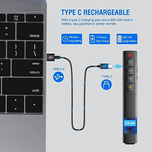 Apresentação Clicker Controle Remoto Deslizante Sem Fio para Apresentações PowerPoint, 2 em 1 USB C/