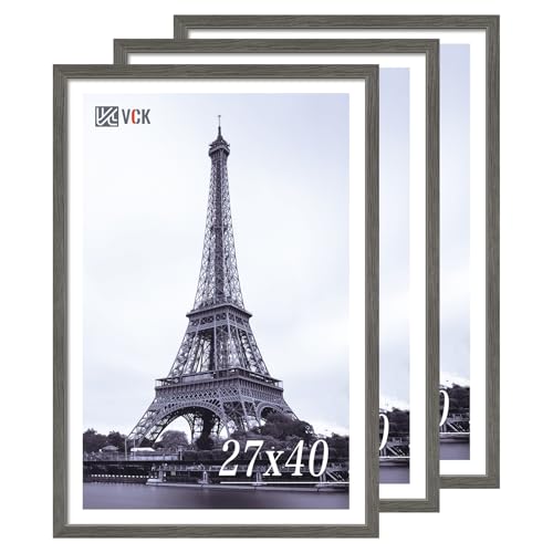 Image of VCK 27x40 Poster Frame Solid Wood Gray Grey 3 Pack Picture Frames 27 x 40 Inches with Wall Mounting Hanging