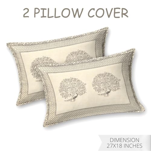 Image of Living Roots Ethnic Jaipur Block Print Double Cotton Bedsheet & 2 Pillow Covers, for Mattress Upto 6 inches Thick, No Colour Bleeding, Grey Colour, King Size 90 * 108 inches, 120TC (605-C)