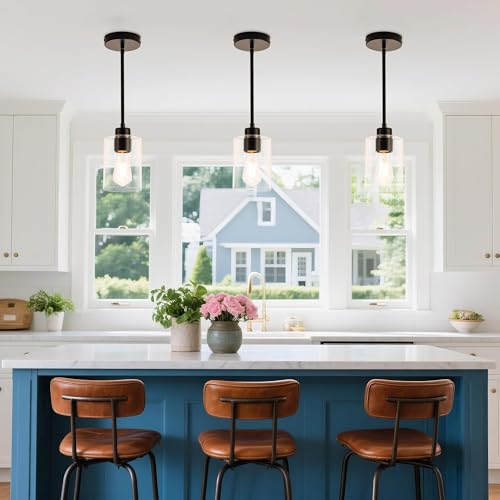 Image of MAYNA 3-Pack Black Kitchen Island Lighting Over Table, Linear Industrial Chandelier with Glass Shades, Adjustable Rods Ceiling Lights for Kitchen, Breakfast Nook (Bulbs Included)