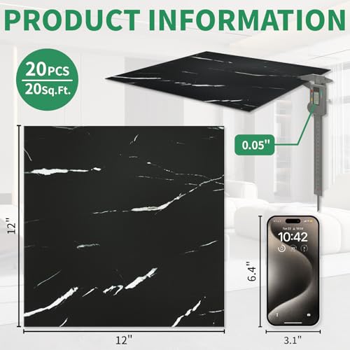 20-Pack Peel and Stick Floor Tiles Vinyl Floor 12 x 12 inch Self Adhesive Waterproof Flooring Planks DIY for Bathroom, Kitchen, Living Room, RV, Cover 20 Sq. Ft, Black Vein Marble