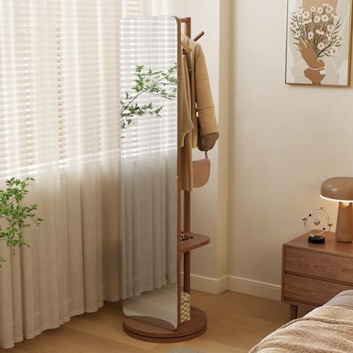 Image of WoodsWhisper Full Length Mirror Coat Rack Solid Wood Floor Mirror 66 inchx12 inch Full Length Mirror with Stand Long Mirrors for Bedroom,Living Room (Deep Walnut, 70 inch L x 16 inch W)
