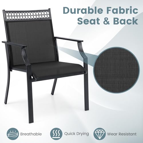 Image of Giantex Patio Chairs Set of 4, Outdoor Chairs with All Weather Fabric, High Backrest, Armrests, Heavy Duty Metal Armchair, Outside Dining Chairs for Porch Lawn Garden Yard Pool, Black