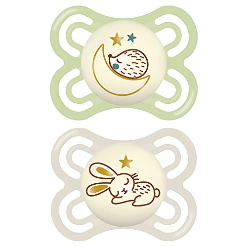 Image of MAM Perfect Night Baby Pacifier, Patented Nipple, Glows in the Dark, 2 Pack, 0-6 Months, Unisex