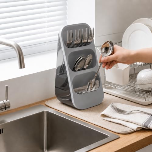 Image of Kitchen Utensil Holder with Drain Tray & Dustproof Cover | 3 Compartment Cutlery Organizer | Self Draining Countertop Storage Rack for Spoons Forks Chopsticks Kitchen Accessories (Grey)