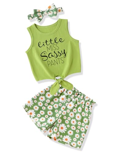 Image of Hipea Toddler Girl Outfits Floral Tops Sleeveless Tank Tops Shorts Headband Summer Clothes Set