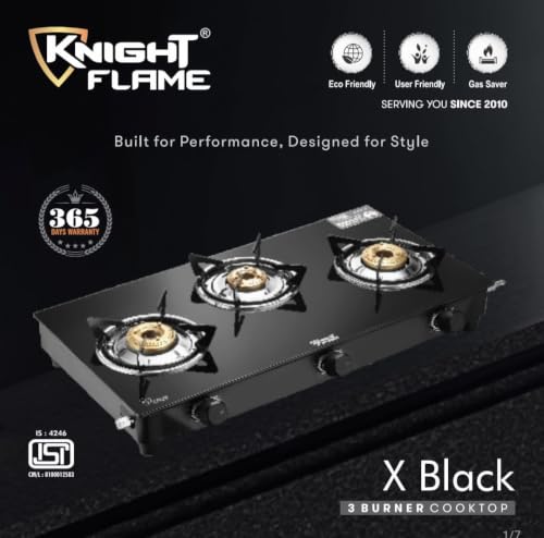 Image of 3 Burner Cute Gas Stove | Manual Ignition | 6mm ISI Approved Toughened Glass | Nylon Knobs | Brass Plated CI Burners | Anti Scratch Pan Supports | Die Cast Tube|Black Cooktop