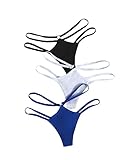 GORGLITTER Women's 3 Piece Pack Cut Out Solid Panty Ring Linked Strappy Low Rise Thongs Black Blue White Large