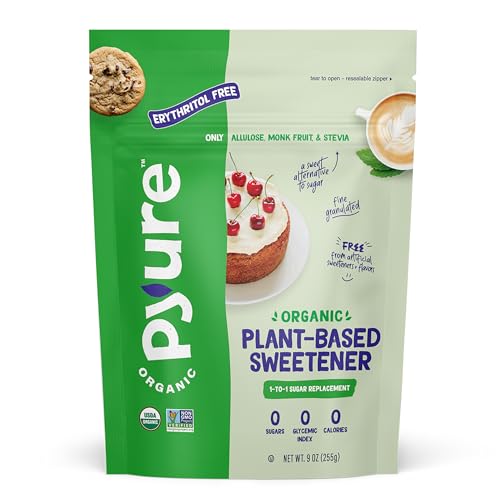 Pyure Organic Plant-Based Sweetener | 1:1 Sugar Replacement | Made with Allulose, Monk Fruit & Stevia | No Erythritol | Keto, Diabetic & Vegan Friendly | USDA Organic, Non-GMO | 9 oz