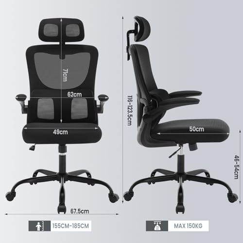 Sedia Ufficio Ergonomica, Sedie Ufficio a Rete Traspirante, Con Supporto Lombare Adattativo a Forma Di C, Poggiatesta Regolabile, Braccioli Ribaltabili, per Scrivania, Casa, Nero - Sedia gaming - Immagine 2