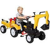Aosom Digger Ride-on Truck Kids Car with Horn, Excavator Ride-on Toy, Imaginative Toy Construction Car, 6 Wheels & Detachable Trailer, Yellow