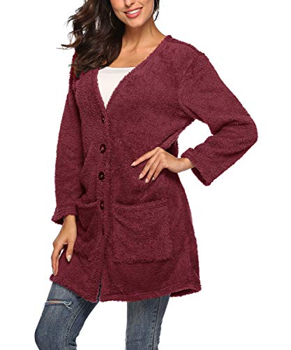 Dreamskull Women's Casual Fleece Warm Long Sleeve Open Front Faux Shearling Plush Long Cardigan Outwear with Pockets2