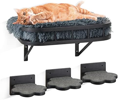 Cat Hammock Cat Wall Furniture with 1 Plush Cushion and 3 Wall Steps, Wall Mounted Cat Shelves and Perches, Cat Climbing Shelf Cat Scratching Post for Sleeping, Playing, Climbing, Gift for Cat