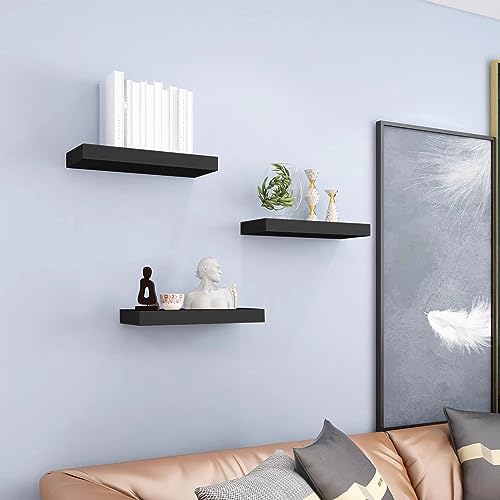 YokiMa Estante Decorativo de Almacenamiento de Madera, estantes para decoración de Pared, Estante de Almacenamiento Blanco de 3 estantes para Pared para Dormitorio, Cocina, Sala,Negro