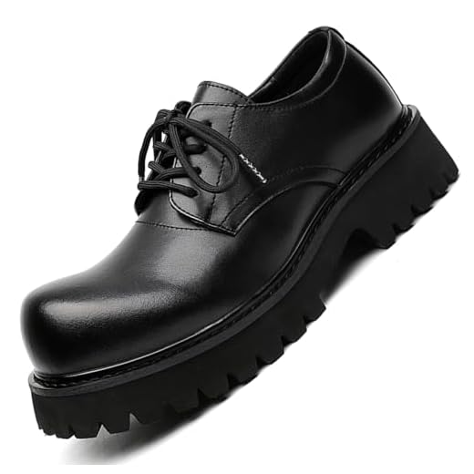 Sapato social masculino moderno plataforma grosso negócios casual aumento de altura sapatos Oxford bico redondo couro Derby sapatos, Preto, 45