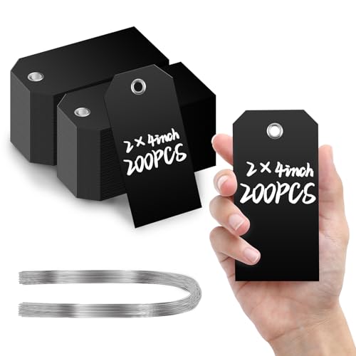 COIHAF 200 Pcs Large Plastic Shipping Tags with Wire Attached Heavy Duty Blank Waterproof Tags with String for Inventory Outdoor Labeling Equipment 4 3/4" x 2 3/8" (Black)