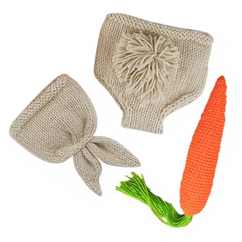 Mikinona Conjunto de Fotografía Infantil para Recién Nacidos y Bebés de Pascua Disfraz de Conejo de Ganchillo Gorro y Pantalón 3 Piezas Color Blanco Zanahoria Adecuado para Sesiones de
