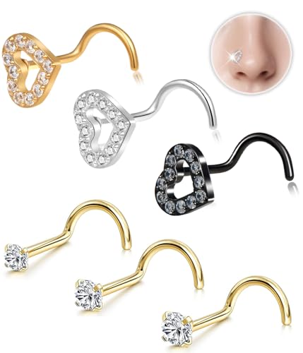 PANSYIRIS Heart Nose Rings Studs - 20G Gold/Silver Nose Rings for Women Men 14K Gold Filled & 316L Surgical Stainless Steel Nose Studs Hypoallergenic Corkscrew Nose Piercing Jewelry - 6PCS