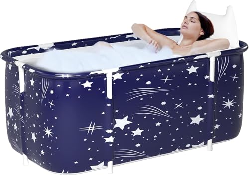 Image of Foldable Adult Bath Tub for Home Spa | Large Portable Bathtub with Backrest & Handle | Insulated Folding Tub for Hot & Cold Soak, Ice Bath, Bubble Bath & Relaxing Spa (Royal Blue Star)