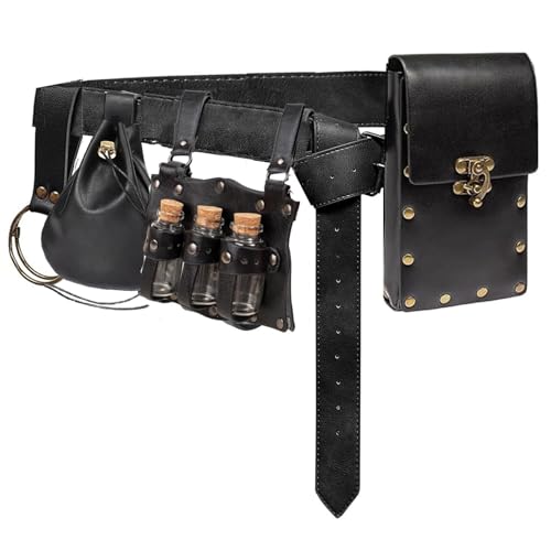5 PCS Belt Pouch Waist Bag Retro Medieval Viking Leather Belt Magic Potion Bottle Renaissance Halloween Cosplay Costume Sets (D4-Black)