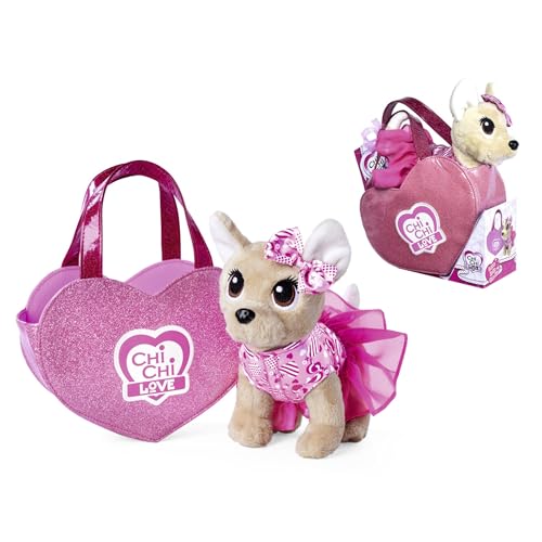 Simba Chi Chi Love is in The Air, Chihuahua Plüschhund mit süßen herzlichen Kleid und Schleife, in Glitzerherztasche, 20cm, ab 3 Jahre